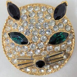 Vintage Gold Tone Cat Brooch with Green and Clear Crystals, Very Solid Piece!